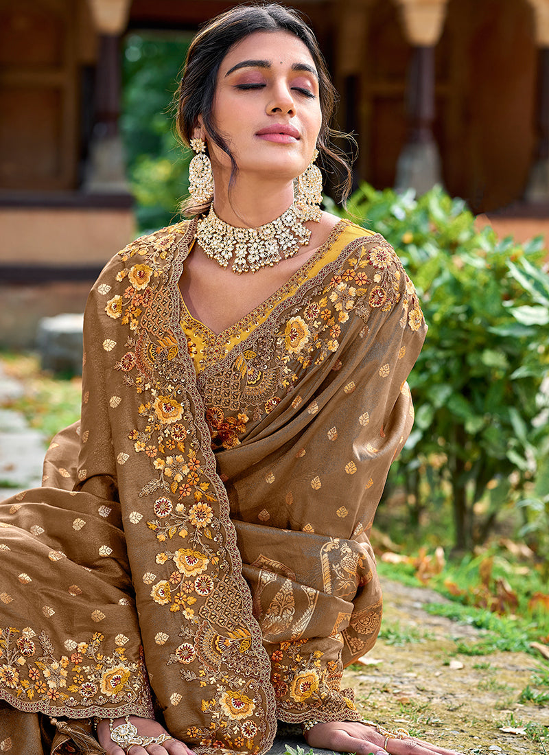 Brown And Yellow Appliqué Embroidery Silk Saree