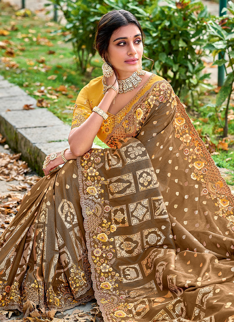 Brown And Yellow Appliqué Embroidery Silk Saree