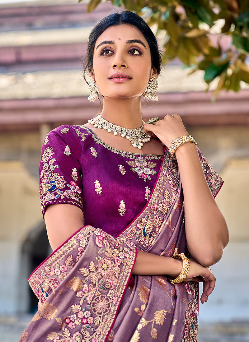 Mauve Purple Appliqué Embroidery Silk Saree