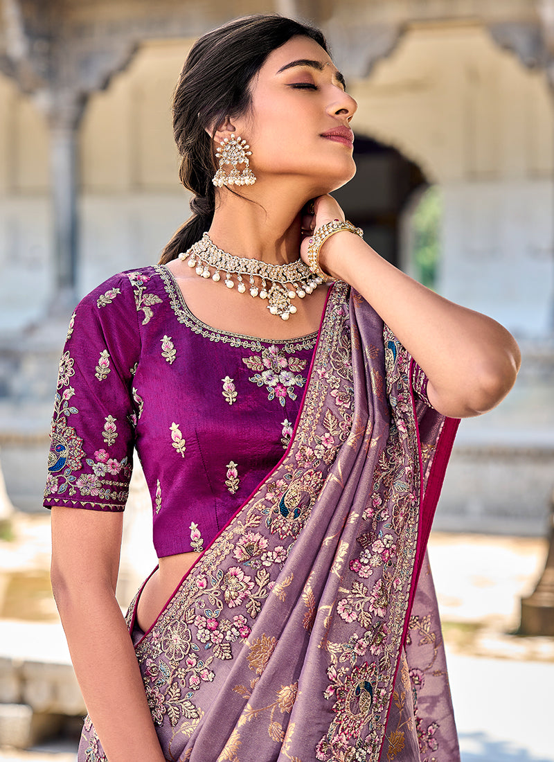 Mauve Purple Appliqué Embroidery Silk Saree