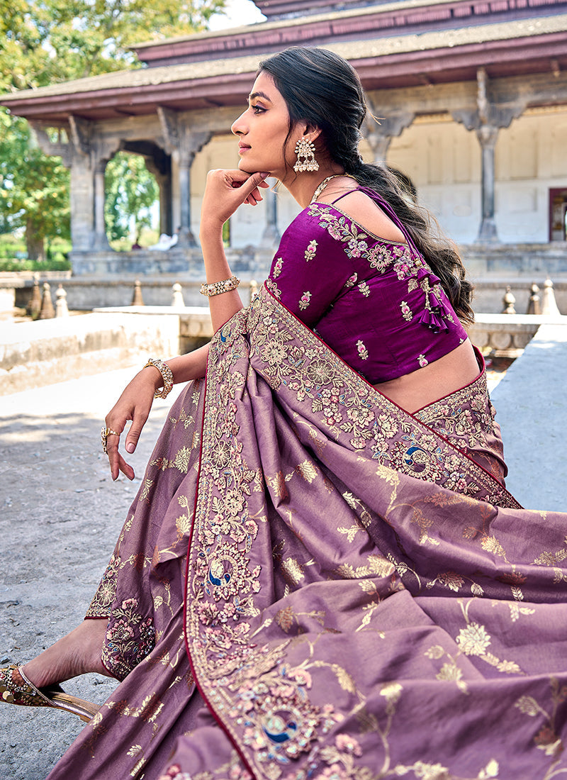 Mauve Purple Appliqué Embroidery Silk Saree