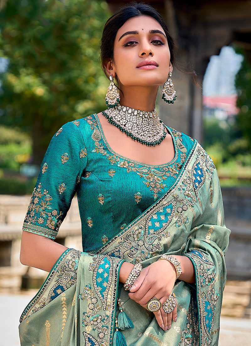 Sea Green And Teal Appliqué Embroidery Silk Saree