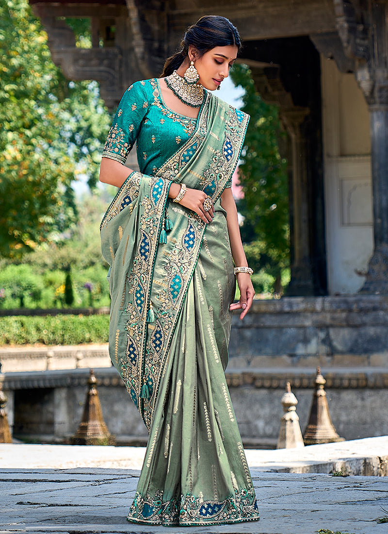 Sea Green And Teal Appliqué Embroidery Silk Saree