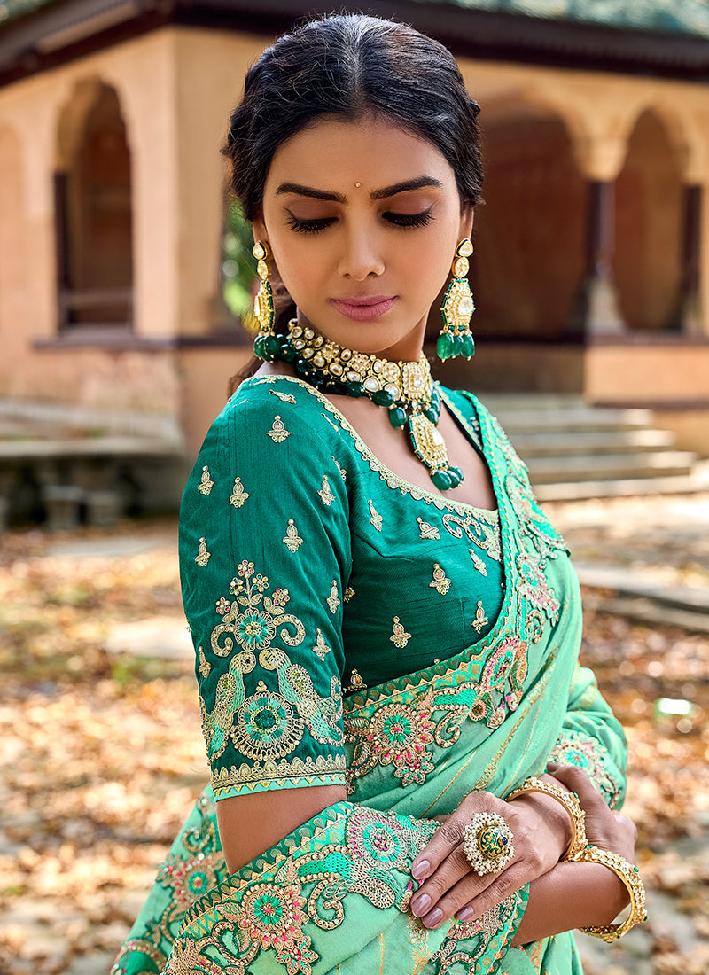 Light Green And Turquoise Appliqué Embroidery Silk Saree