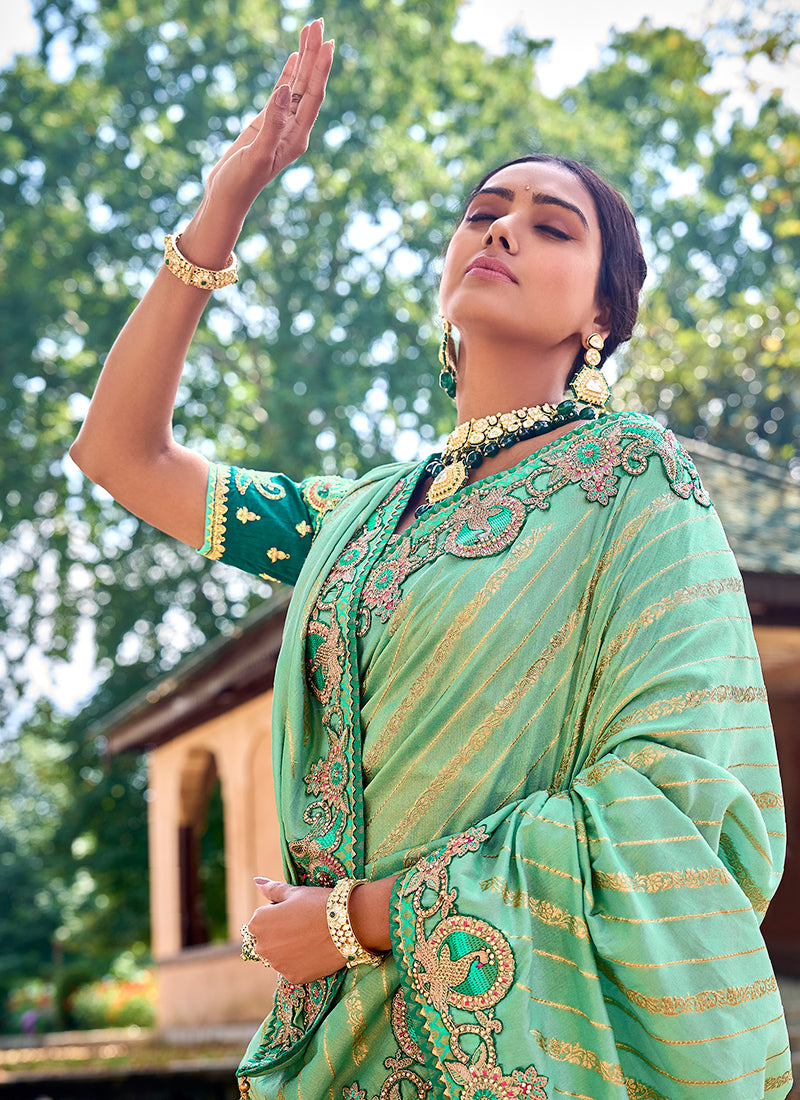 Light Green And Turquoise Appliqué Embroidery Silk Saree