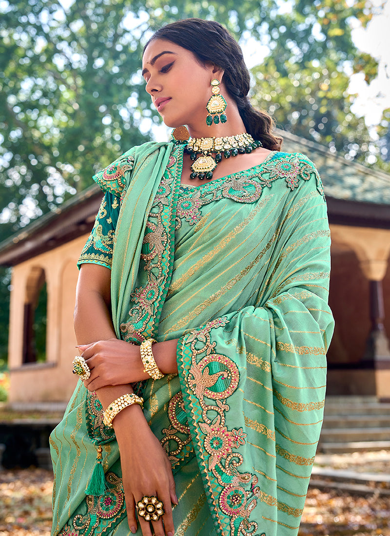 Light Green And Turquoise Appliqué Embroidery Silk Saree