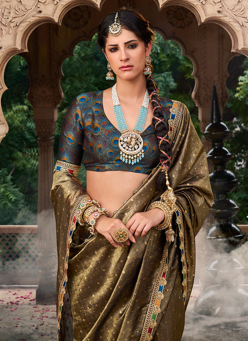 Olive Green Multi-Embroidery Tissue Silk Saree