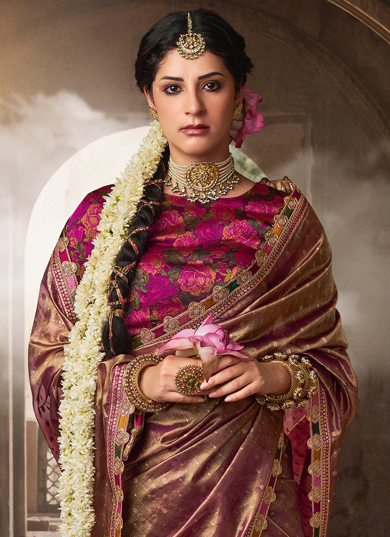 Rose Gold Multi-Embroidery Tissue Silk Saree