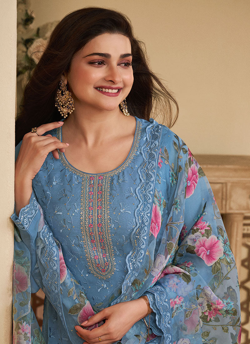 Blue Schiffli Embroidery Traditional Pant Style Salwar Suit