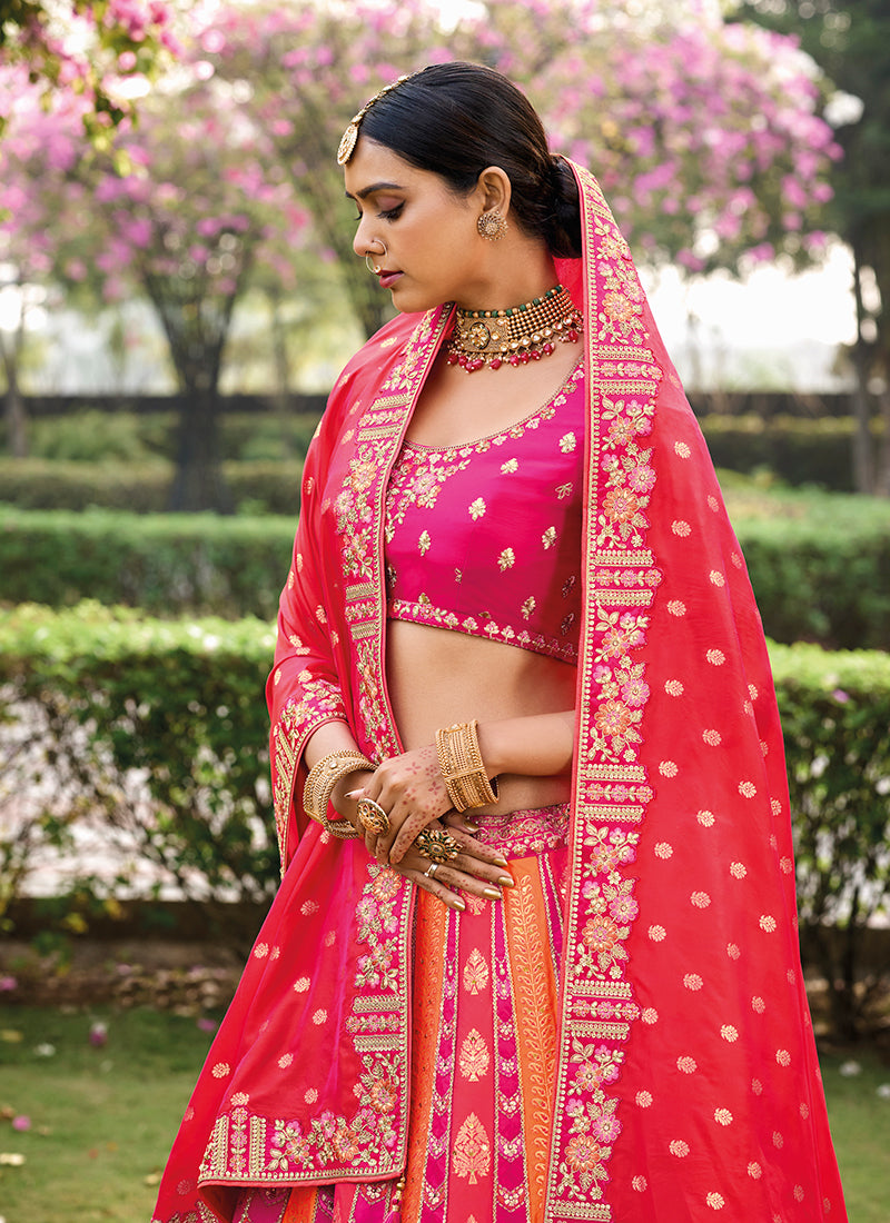 Pink And Orange Embroidered Bridal Lehenga Choli