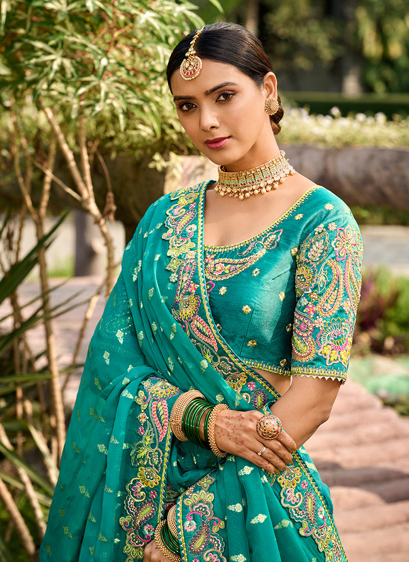 Turquoise Multi Embroidered Bridal Lehenga Choli