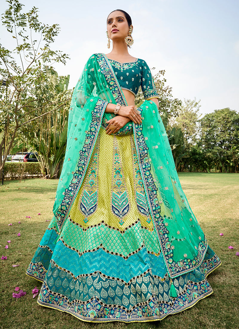 Turquoise And Yellow Embroidered Bridal Lehenga Choli