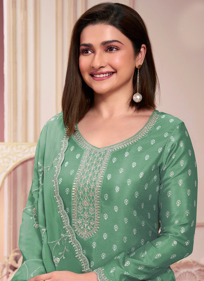 Green Reshamkari Embroidery Silk Salwar Kameez