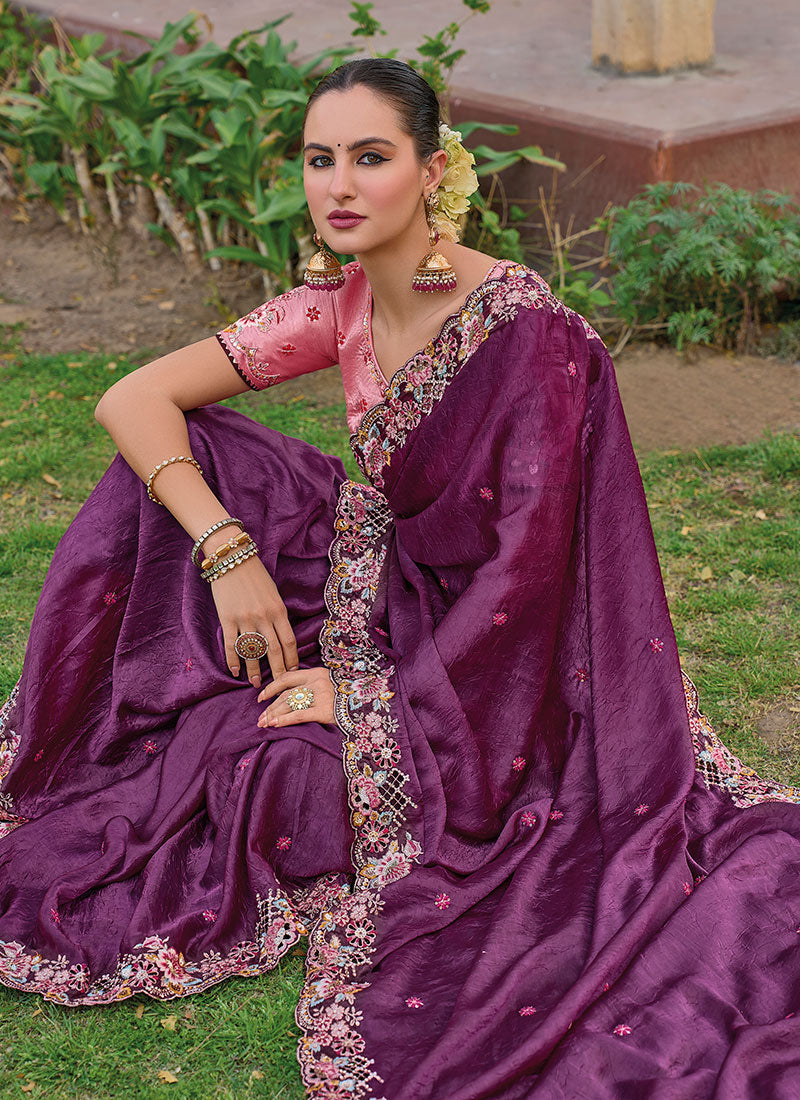 Plum And Pink Multi Embroidery Wedding Organza Silk Saree