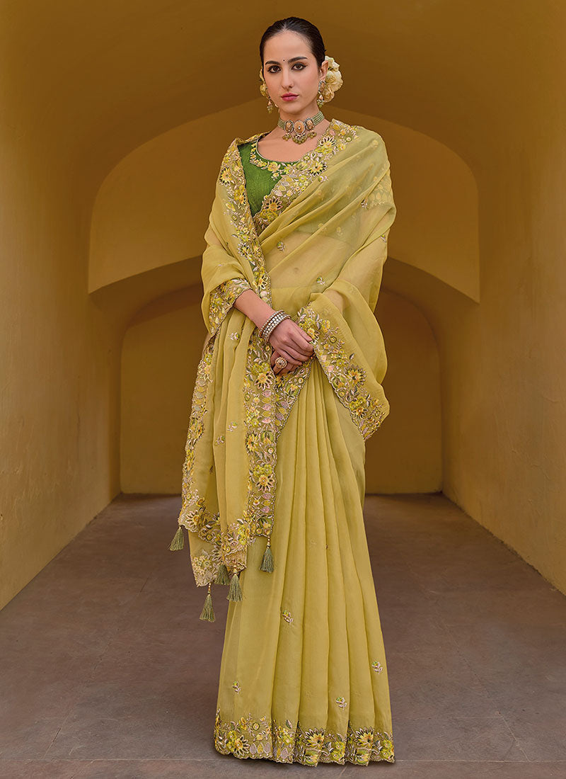 Yellow And Green Multi Embroidery Wedding Organza Silk Saree