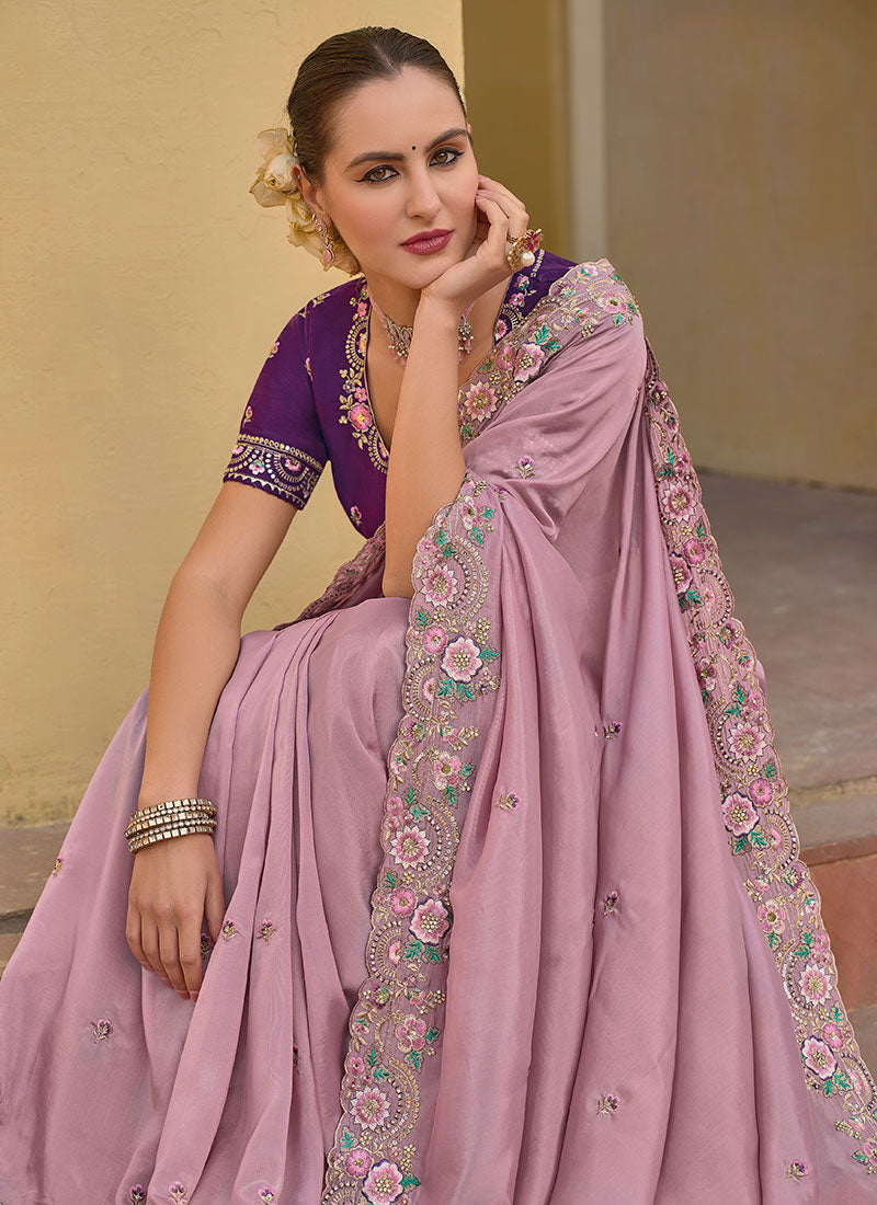 Purple Two Tone Multi Embroidery Wedding Organza Silk Saree