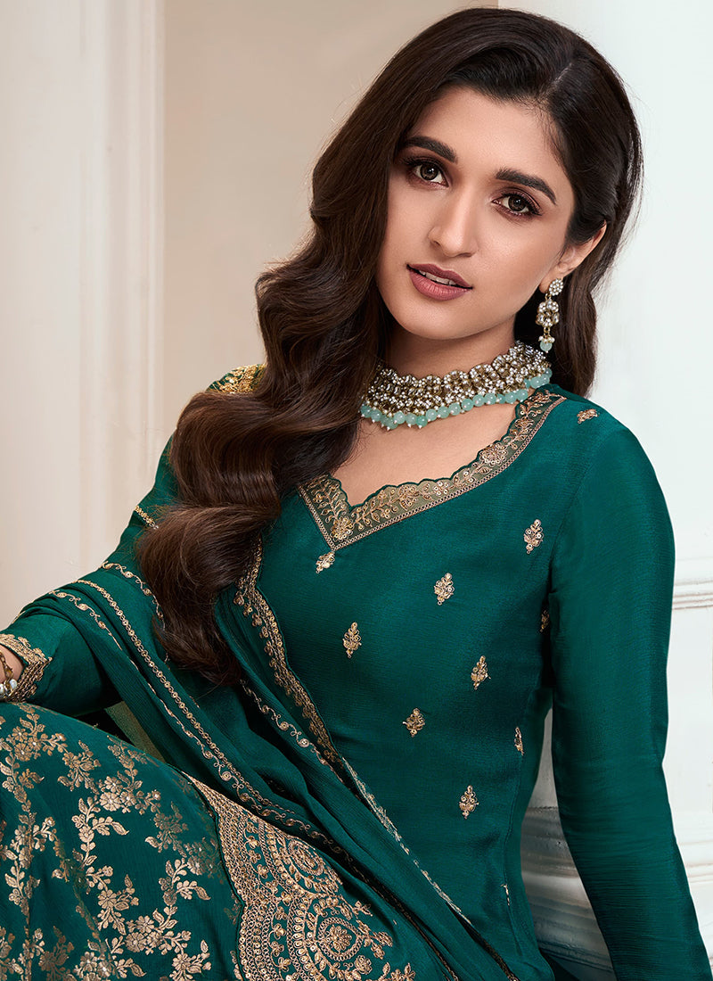 Dark Green Traditional Embroidered Festive Palazzo Suit