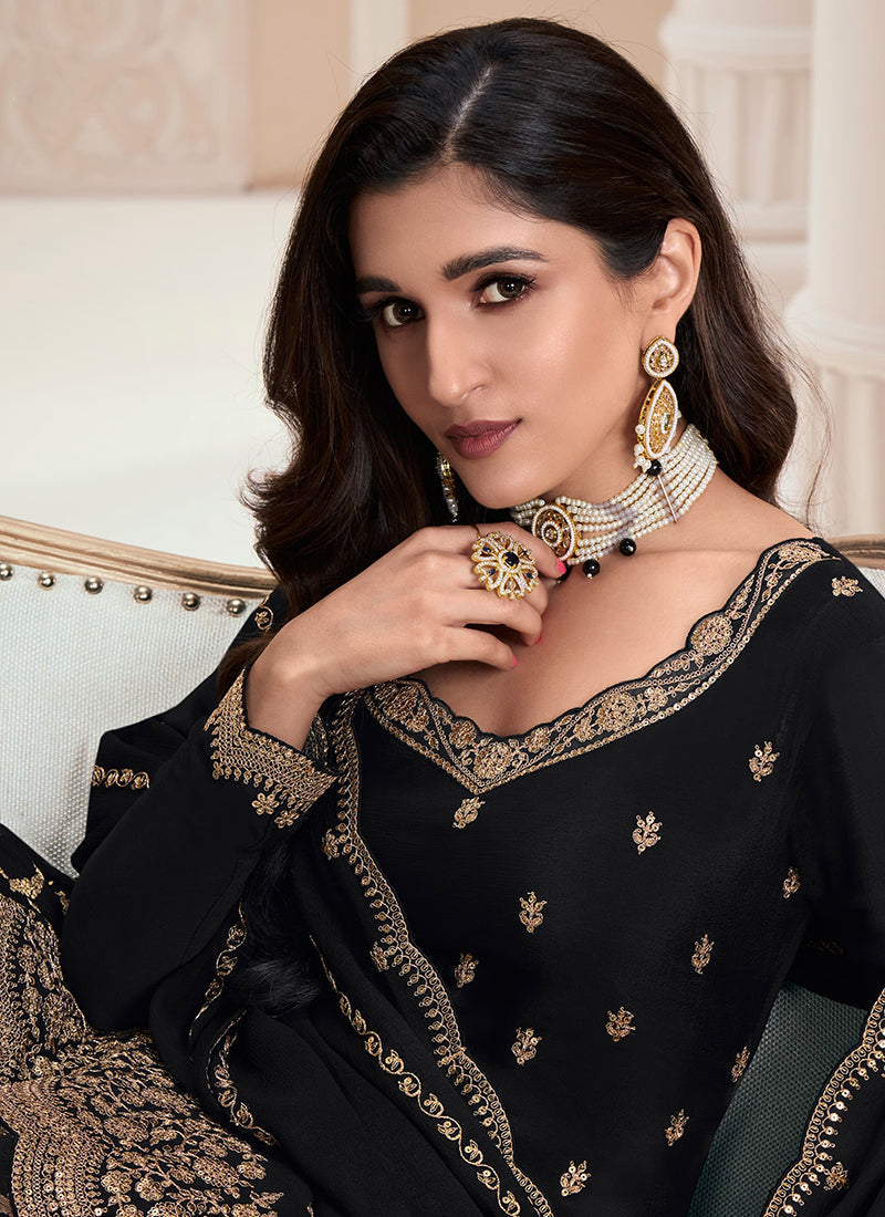 Black Traditional Embroidered Festive Palazzo Suit