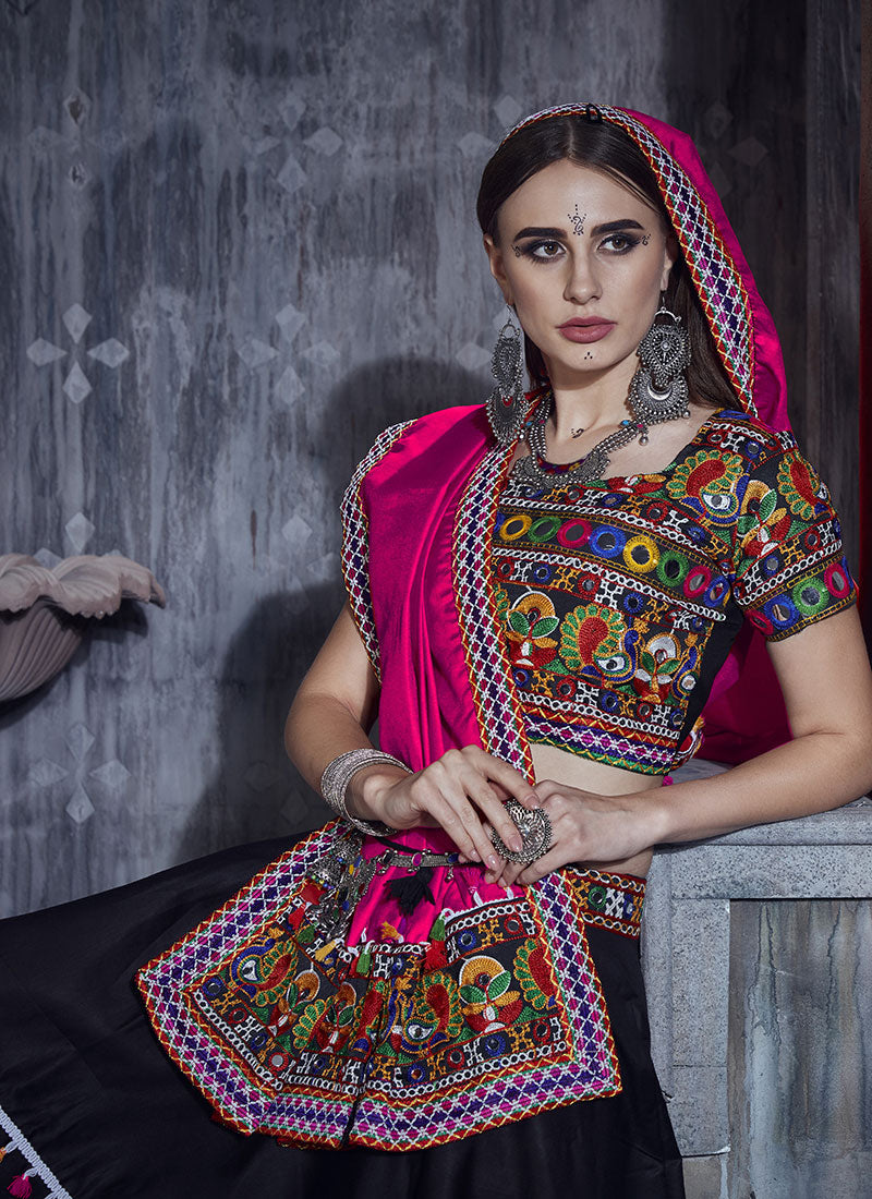 Black And Pink Kutchi Embroidered Rajwadi Chaniya Choli