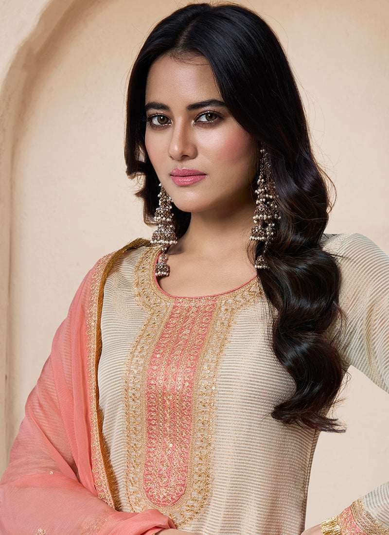 Beige And Peach Traditional Embroidery Salwar Kameez Suit