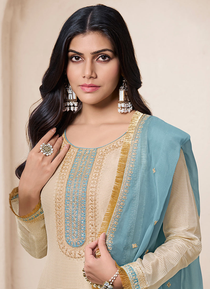 Beige And Blue Traditional Embroidery Salwar Kameez Suit