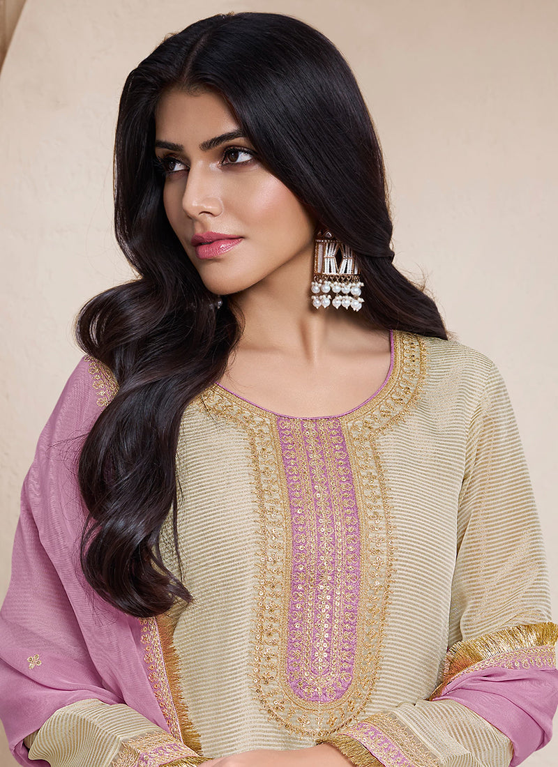 Beige And Purple Traditional Embroidery Salwar Kameez Suit