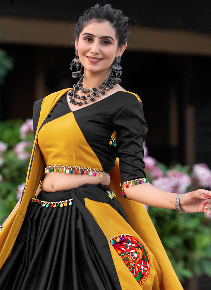 Black And Yellow Kutchi Embroidered Navratri Chaniya Choli