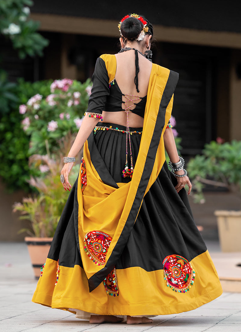 Black And Yellow Kutchi Embroidered Navratri Chaniya Choli