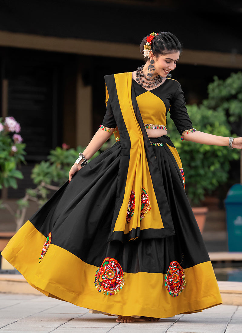 Black And Yellow Kutchi Embroidered Navratri Chaniya Choli