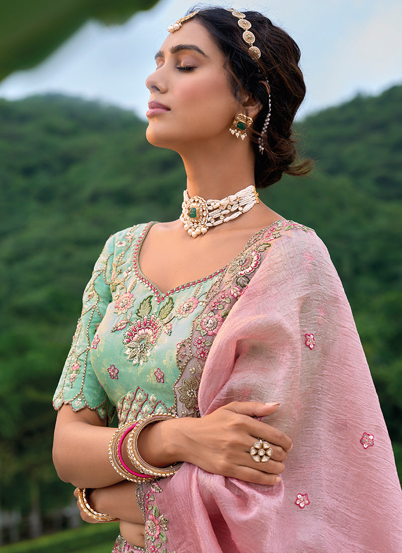 Pink And Green Floral Embroidered Bridal Lehenga Choli