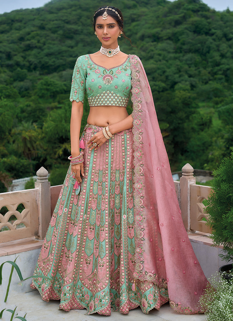 Pink And Green Floral Embroidered Bridal Lehenga Choli