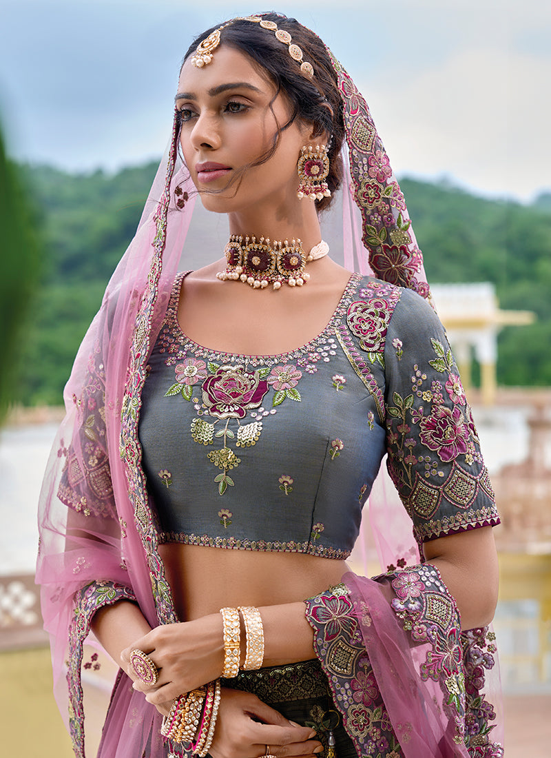 Mist Blue And Pink Floral Embroidered Bridal Lehenga Choli