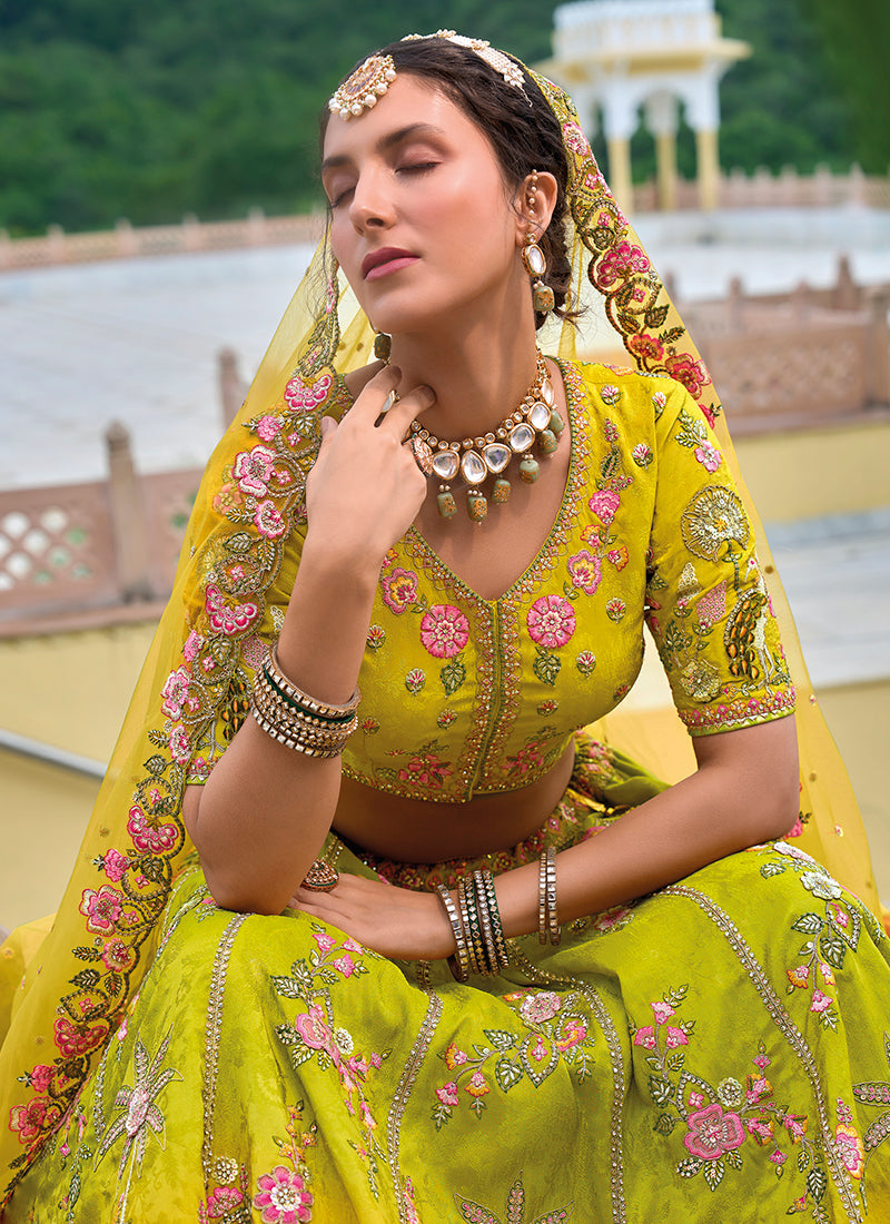 Green And Yellow Floral Embroidered Bridal Lehenga Choli