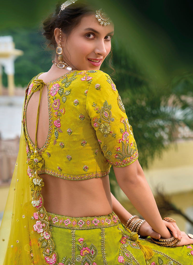 Green And Yellow Floral Embroidered Bridal Lehenga Choli