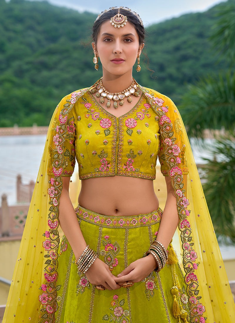 Green And Yellow Floral Embroidered Bridal Lehenga Choli