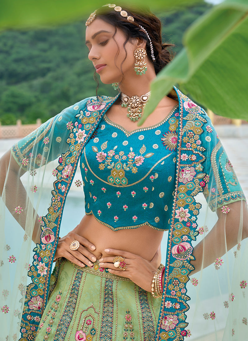 Green And Blue Floral Embroidered Bridal Lehenga Choli