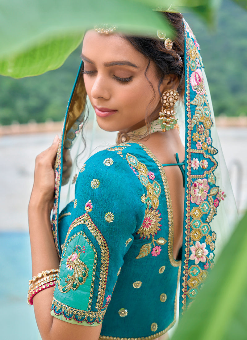 Green And Blue Floral Embroidered Bridal Lehenga Choli