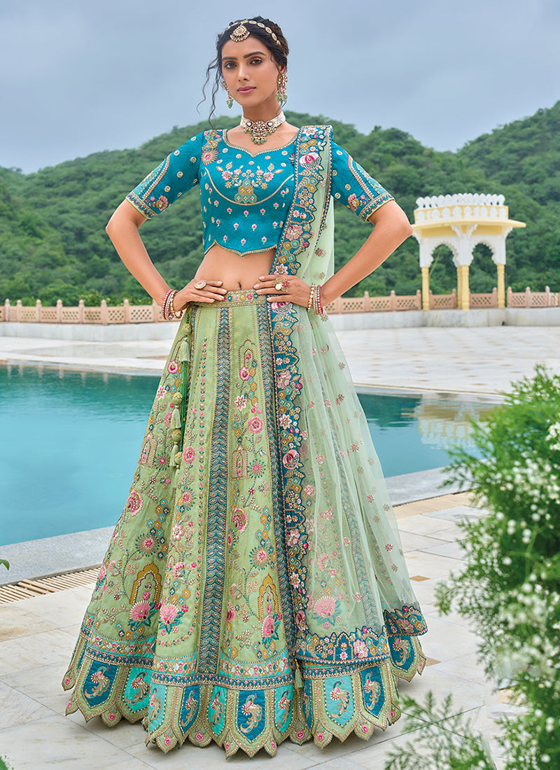 Green And Blue Floral Embroidered Bridal Lehenga Choli