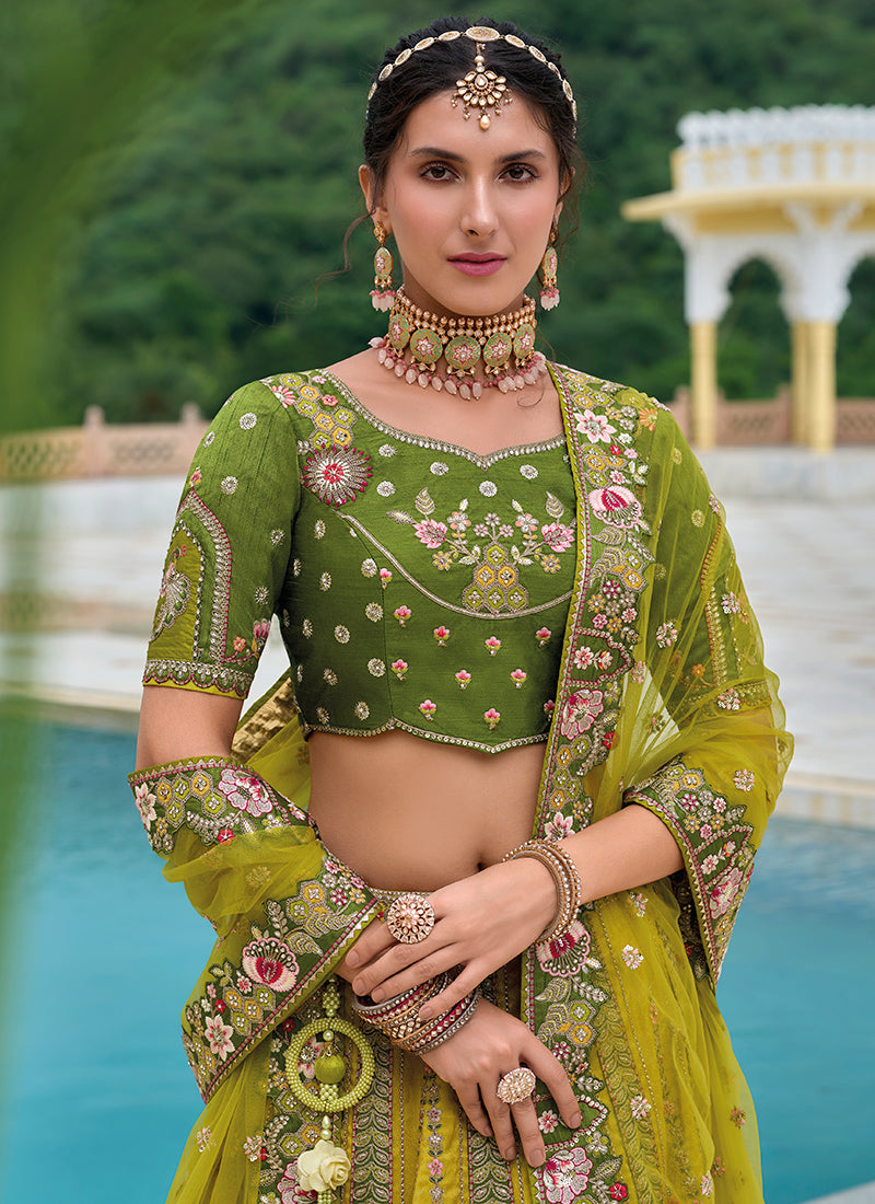 Yellow And Green Floral Embroidered Bridal Lehenga Choli