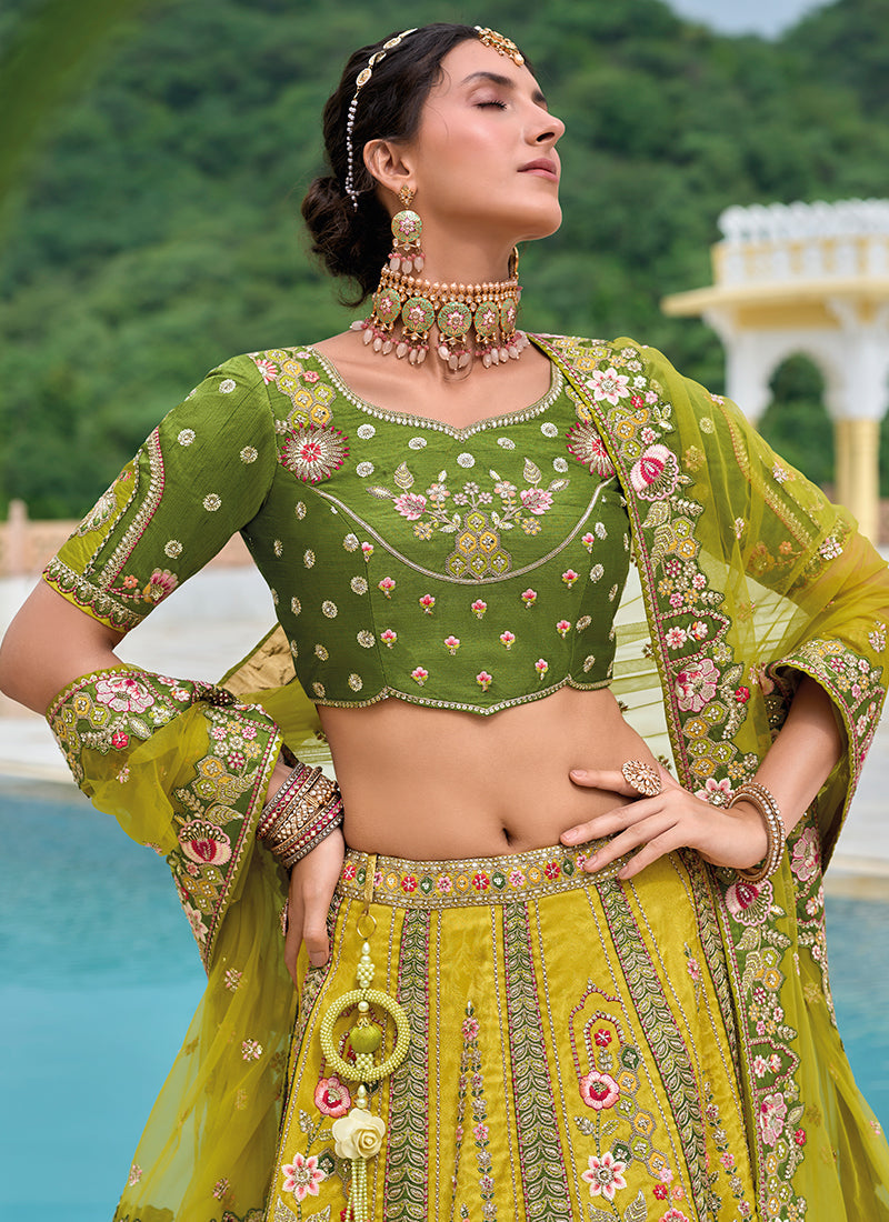 Yellow And Green Floral Embroidered Bridal Lehenga Choli