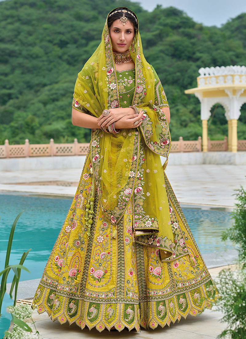 Yellow And Green Floral Embroidered Bridal Lehenga Choli