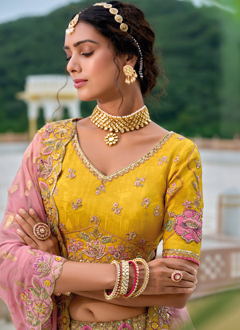 Yellow And Pink Floral Embroidered Bridal Lehenga Choli