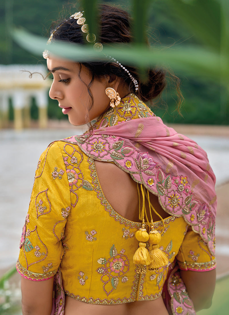 Yellow And Pink Floral Embroidered Bridal Lehenga Choli