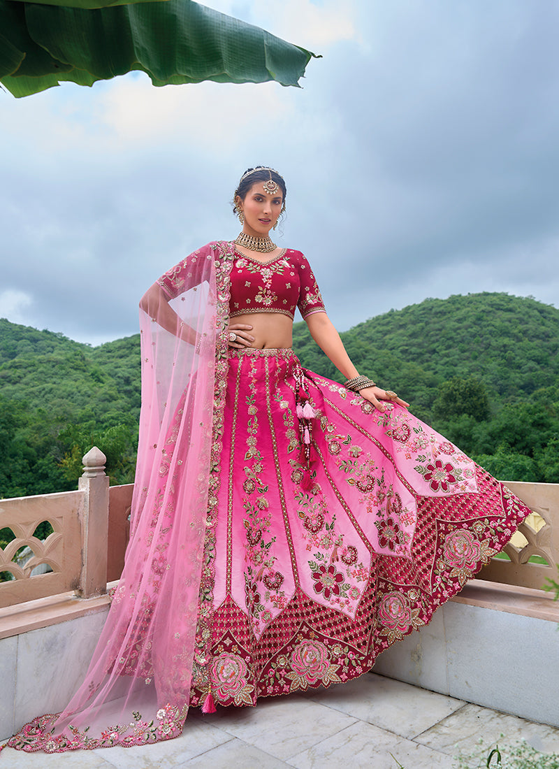 Pink Ombré Floral Embroidered Bridal Lehenga Choli