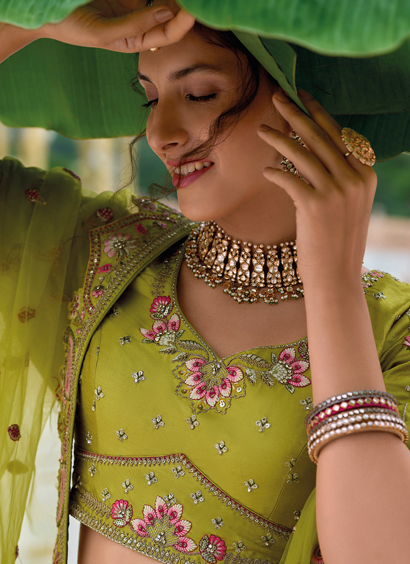 Liril Green Floral Embroidered Bridal Lehenga Choli