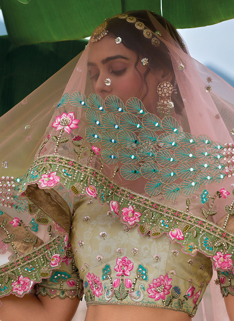 Beige Teal Ombré Floral Embroidered Bridal Lehenga Choli