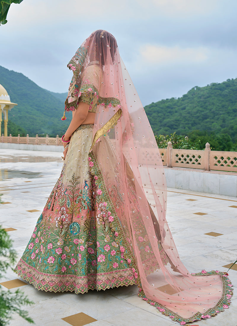 Beige Teal Ombré Floral Embroidered Bridal Lehenga Choli