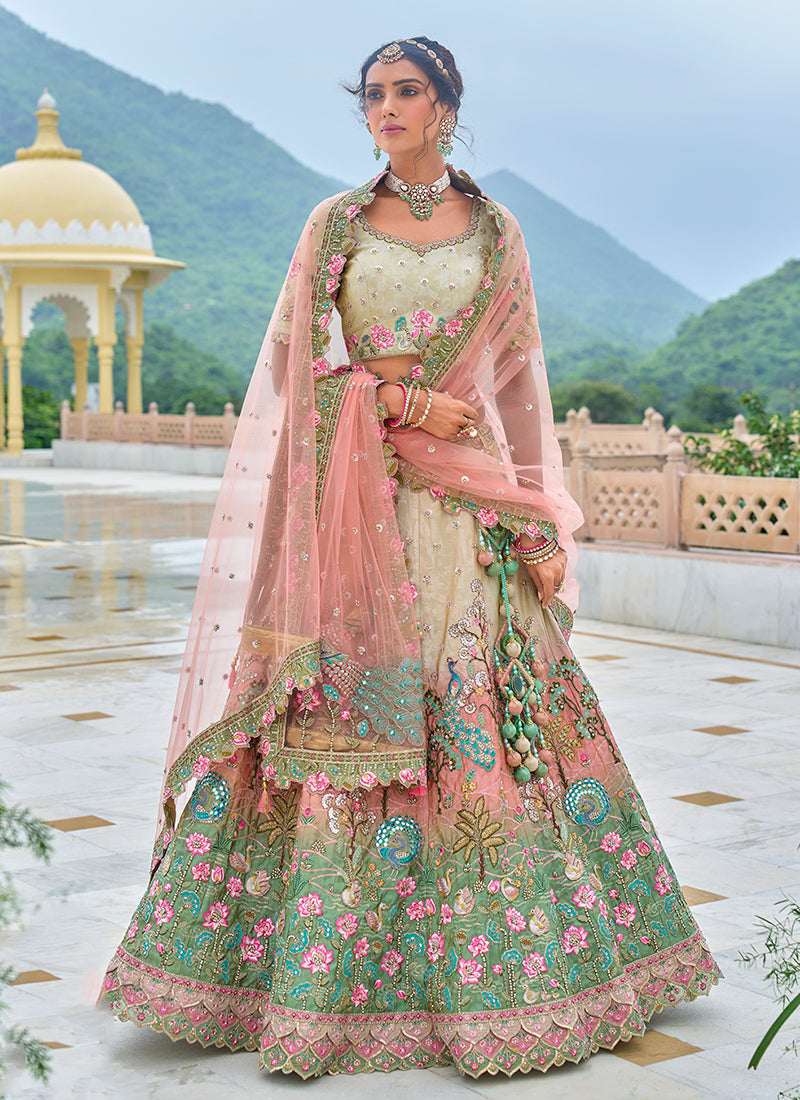 Beige Teal Ombré Floral Embroidered Bridal Lehenga Choli