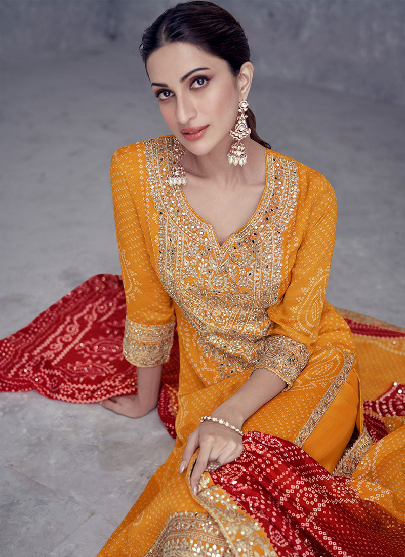 Yellow And Red Mirror Embroidery Bandhani Prited Palazzo Suit