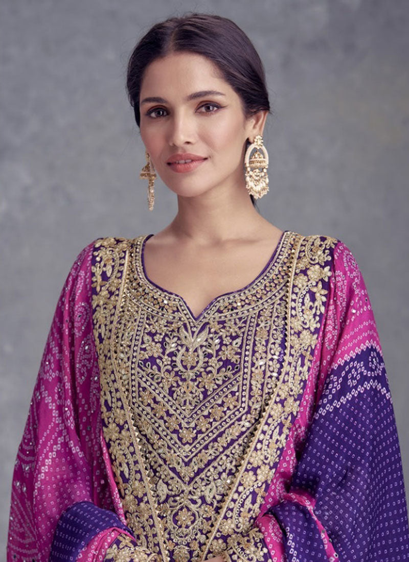 Purple And Pink Mirror Embroidery Bandhani Prited Palazzo Suit